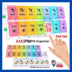 aCurio READY STOCK 7 Day Pill Box Organizer 2 Times a Day Bekas Ubat Pil AM PM Weekly Medicine Pill Container Case Push Button Type Pop Open Design Rainbow Black White