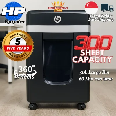 HP B30300 High-Security Cross-Cut Paper/CD/Card Shredder with 300-Sheet Capacity and 30L Waste Bin - 5-Year Warranty