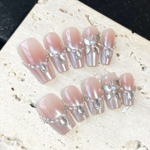 Pink Gradient Cat Eye Press On Nails Butterfly Pearl Rhinestone Handmade False Nails