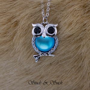 [Studs & Such] 925 Silver Necklace With Natural Moonstone & Cubic Zirconia Cute Owl Pendant