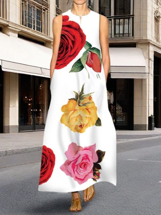 Ladies' Clothing Elegant Vintage White Rose Printed Long Dress with Flower  Pattern Beach Dress Summer Beach Holiday Sundress Lazada PH