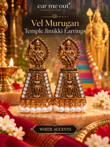 [SG] Vel Murugan Temple Jimikki Earrings | White Accents | Antique Gold Look | Lord Murugan Design | Tamil Heritage Jhumka Earrings | ear me out (EMO-411)