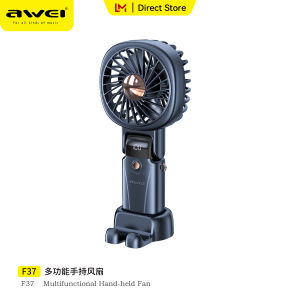 Awei F37 Mini Handheld Fan Portable Type C Rechargeable 2400mAh 5 Gears Strong Wind 30dB Quite Battery Power LED Digital Display Foldable Electric Fan As Phone Holder Powerbank Outdoor Neck Hanging