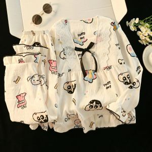 2Pcs Crayon Shin-Chan Cartoon Children Pajamas Top Pants Anime Kawaii Girls Pjs Fashion Blue Grid Lapel Long-Sleeved Homewear2026