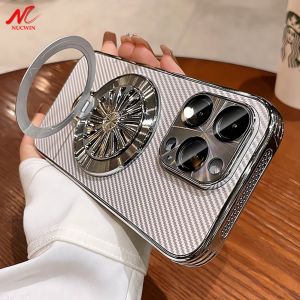 Business Carbon Fiber for Magsafe Case for iPhone 13 12 14 15 16 Pro Max Anti-Stress Rotating Gyro Bracket Lens Protector Cover
