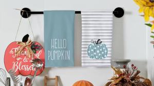 Hello Pumpkin Fall Kitchen Towels Set of 2Blue Polka dot Stripes Autumn Dish Towels 18x26 InchFarmhouse Home Indoor Thanksgiving Harvest Seasonal Vintage Decorations AD090