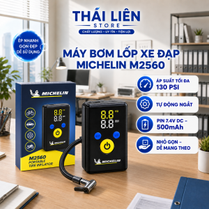 Máy bơm lốp xe đạp M2560 Michelin Dùng pin (500mAh) tự động đo ngắt áp suất lốp BH 6 tháng