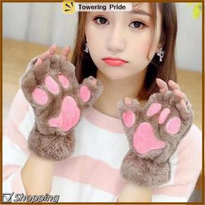 [Towering Pride] Dễ thương Cat Paw Fluffy Claw ngón găng tay ấm áp mềm sang trọng ngón Panda Găng tay nửa ngón tay Phụ nữ mùa đông mặc quà tặng giáng sinh
