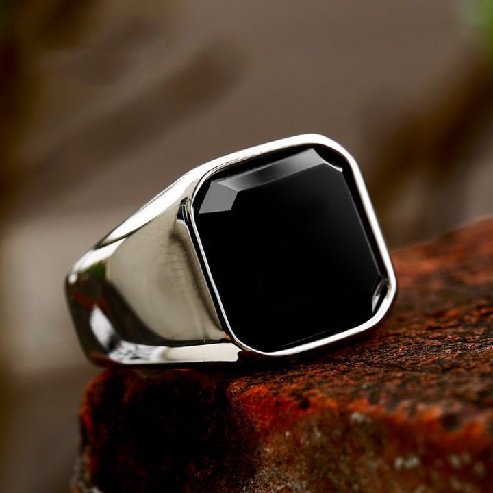 Luxury Black Onyx Silver Titanium Steel Vintage Style Men Punk Fashion  Accessories Jewelry Wedding Engagement Rings