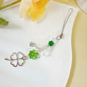 HBESTY  Handmade Beaded Phone Chain Lucky Four Leaf Clovers Phone Chain Colorful Keyring CCD Pendant Cellphone Accessory Ornament