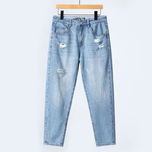 Summer Thin Ripped Jeans Mens Straight Breathable Washed Denim Trousers Casual Streetwear Harlen Ankle Length Pants Light Blue2026