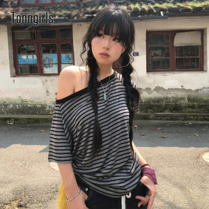Tonngirls Y2k Japanese T Shirt Women Striped Off Shoulder Grunge Tops Streetwear 2000s Aesthetic Tshirts American Retro Tops Tee2026