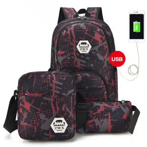 Freeknight Tas Ransel Sekolah 3 IN 1 Set Tas Selempang Punggung USB Charger Backpack Tas Laptop Pria TCR07