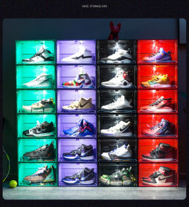 Side Opening Acrylic Cover Sneaker Stackable Shoe Box Rack Storage Big Capacity Cabinet [Led Light]