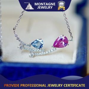 Montagne Jewelry (Deposit Link) Total Price 3600SGD 18K Pure White Gold Necklace Diamond Inset Fine Jewellery Natural Gem Aquamarine+Pink Sapphire Pendant Neckalce