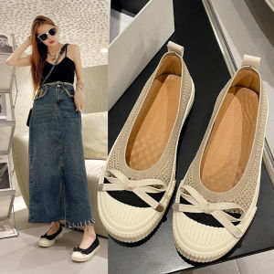 Foreign Trade Mesh Fisherman Shoes A Kick-off Flying Weaving Bow Thick-soled Loafers Fashion Single Shoes Women