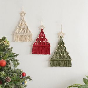 XYAX Woven Christmas Tree Macrame Tapestry Tassel Aesthetic Cotton Rope Tapestry Boho Decor Decorative Wall Hanging Pendant Bedroom