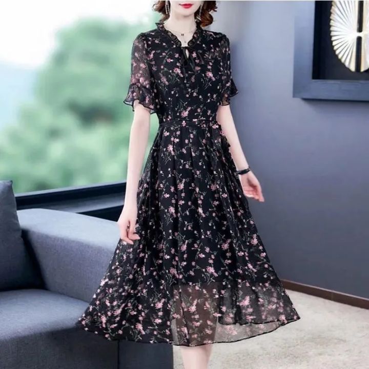 Black Chiffon Floral Dress Women Large Size 6Xl Vintage Ruffle Neck Midi Dresses Casual Elegante Vestido Mujer Lazada PH