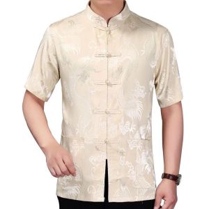 Silk Satin Shirt Plus Size Embroidery Dragon Tang Suit SamFu Short Sleeve Tang Suit Men Clothes Dad Blouse Grandpa Top