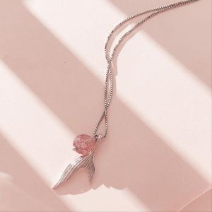 Dây chuyền bạc đuôi cá hạt thạch anh dâu tây xinh xắn dễ thương