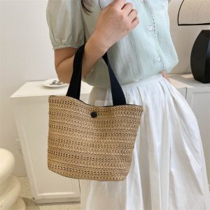 MOIRA แถบลายทาง กระเป๋าถือแบบสาน จุได้มาก ถุงผ้าขนาดเล็ก กระเป๋าโท้ท ใช้งานได้จริง โบฮีเมียน กระเป๋าหวายทรงถัง สำหรับบ้าน