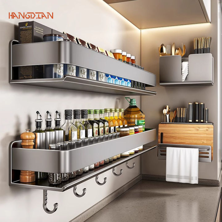 HANGDIAN Bếp không đục lỗ, kệ treo tường đa chức năng, kệ gia vị, kệ ...