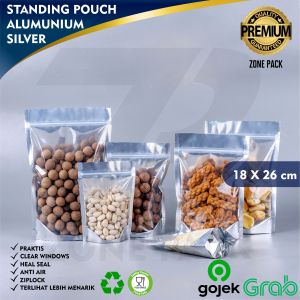 [18x26cm] 50 Pcs Standing Pouch Silver Metalized Foil I Metalized Foil Ziplock I Kemasan Snack Makanan Plastik Kemasan kopi I kemasan Keripik I Metalized Foil
