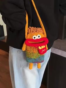 Crocheted woolen sausage-shaped phone bag handmade cute and quirky crossbody bag for women childrens coin purse