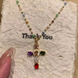 Super Flashing Colorful Zircon Cross Necklace Sweet Cool Style Colorful Diamond Unique Clavicle Chain 40+5cm