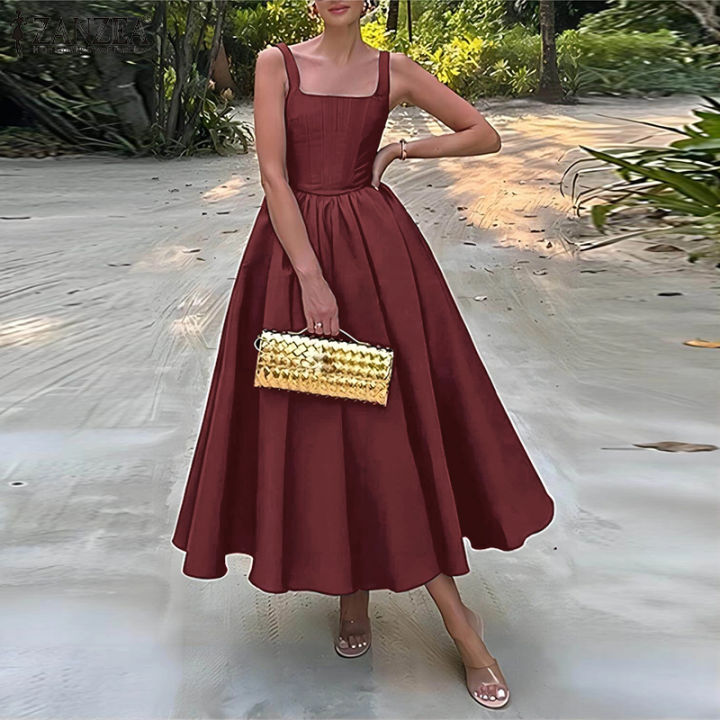 ZANZEA Women Elegant Square Neck Sleeveless Solid Color Slip Dresses A-Line  Party Prom Long Dresses #0106 | Lazada PH