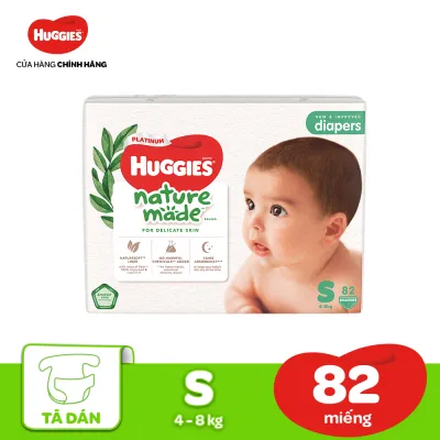 [17-24.08 QUÀ TẶNG ĐƠN 399K] Tã/Bỉm dán sơ sinh Huggies Platinum NatureMade S82 (4-8kg)-Gói Super Jumbo 82 miếng