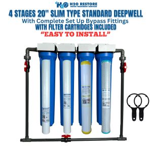 Water Filtration System Top Selling 4 Stages 20" Slim Type Deepwell Standard Set Up Complete Set With Gray UPVC By-Pass with 2 Sediment Filters and 1 Carbon Block 1 Disposable Water Softener Different Variation