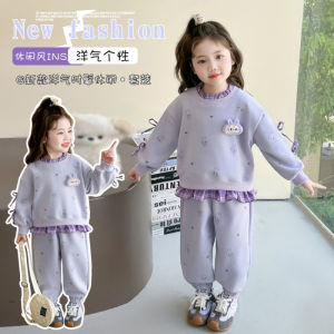 👧✨ชุดเด็กผู้หญิง 2025 สีม่วง คอกลม ลายกระต่ายน่ารัก เสื้อแขนยาว + กางเกงขายาว 2 ชิ้น 🐇💜 เสื้อผ้าฤดูหนาวสุดชิค