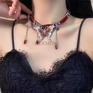 [COD] WEICHENG Vintage Y2K Necklace For Women Fashion Velvet Butterfly Tassel Crystal Collar Neck Chain Gothic Chains