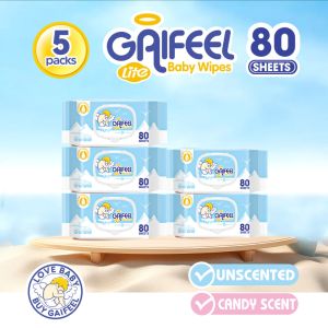 GAIFEEL LITE Khăn lau em bé kẹo không mùi hương 80 tờ khăn lau em bé 5 gói