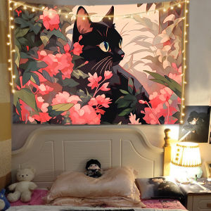 แมวดำน่ารัก ins ภาพประกอบศิลปะการรักษาห้องตกแต่งห้องนอนพื้นหลังผ้าแขวนผนังข้างเตียงหอพัก