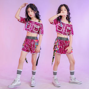Lolanta 2Pcs Kids Glitter Purple-Red Sequin Crop Tops Shorts Set Childrens Jazz Dance Street Dance Modern Dance Costumes Fashion Hip Hop Dance Stage Performance Wear