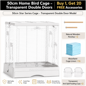 BUCATSTATE 50cm Premium Acrylic Bird Cage | Large Double Front Doors | Pull-Out Easy-Clean Tray | Clear View Habitat for Budgies Cockatiels Lovebirds & Small Parrots