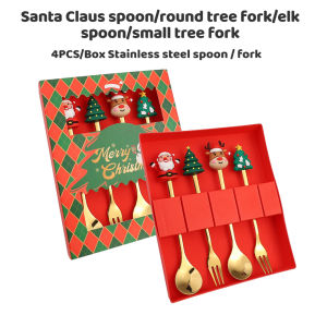 Christmas Spoon Fork Set Santa Snowman Dessert Coffee Flatware Stainless Steel Gift Box Kids Tableware