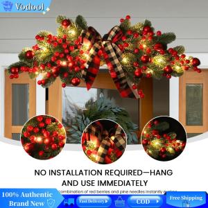 [Vodool Brand Center]Xmas Door Swag with Berries and Ribbon Bows Christmas Artificial Swag for Christmas Holiday Home Window Wall Decor