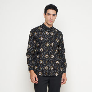 Vanfive Kemeja Koko Batik Shanghai Lengan Panjang Pria Slim Fit Hitam B1759
