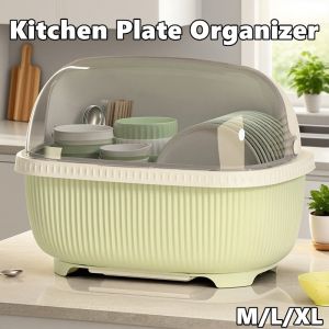 Dust Proof Plate Organizer Rack with Cover Kitchen Cabinet Storage Dish Drainer Insect Proof