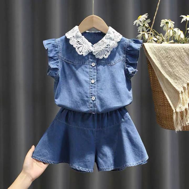 Little Baby Girl Clothes Denim Jeans Set Lace Flower Shirt Pants Children Clothes Summer Shopping