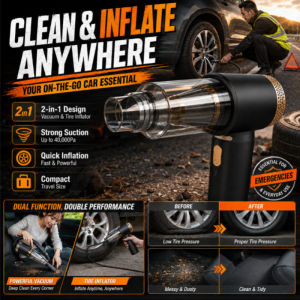 Multifunctional High Power Air Pump Car Vacuum Cleaner 2 in 1 Tire Inflator Portable Wet Dry Auto Vacuum 12V Quick Inflation Strong Suction LED Light Emergency Roadside Tool