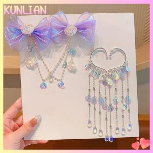 [KUNLIAN] Cartoon Girls Hair Clip Children Mermaid Princess Fringe Pink Purple Bow Forehead Chain Hairpin Fairy Earhook Accessories