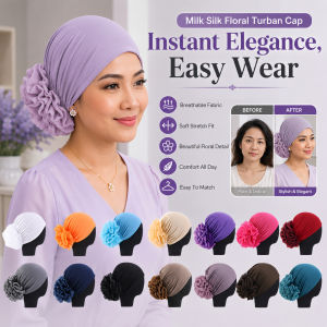 Inner Sanggul Lace Rosette Milk Silk Flower Headscarf Hood Stylish  Beautiful Soft Fabric Fluffy Cotton Headscarf 蓬松棉质美丽头巾