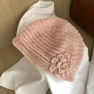 Ins Hand-woven Flower Knitted Caps Y2k Hollow Sequin Crochet Hat Thin Versatile Beanies Cap Spring Summer