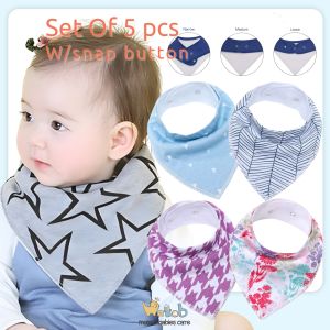 Hntob Set Of 5pcs Triangle Bib W/Snap Button Bibs Towel Soft Cotton Cloth (RANDOMLY GIVEN)