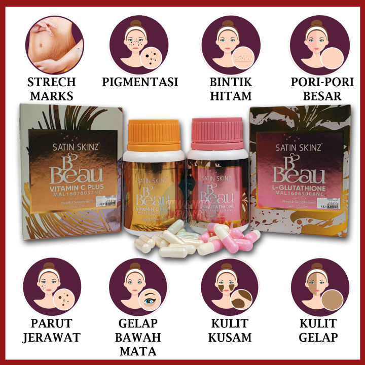 ORIGINAL Healthy & Lighten Skin BBEAU L-Glutathione & BBEAU Vitamin C Plus by SATIN SKINZ Premium