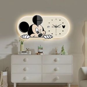 (100% ẢNH CHỤP) Tranh đồng hồ đèn led tráng gương in UV chuột mickey trang trí phòng bé kèm đinh treo